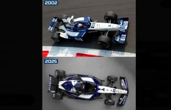 Este es el monoplaza que tuvo Juan Pablo Montoya en 2002 y la réplica que hicieron en homenaje al colombiano para 2025. FOTO TOMADA X @WilliamsRacing