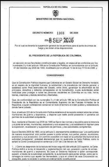 El Decreto 1368 de 2026, firmado por el presidente Abelardo de la Espriella. Foto: redes sociales