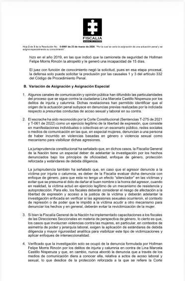 Nuevo fiscal y enfoque en caso contra mujer que denunció a Hollman Morris por presunto acoso sexual y laboral