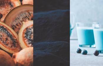 Izquierda: la fruta de la jagua. Centro: el pigmento azul. Derecho: una aplicación posible del azul de jagua en la alimentación. Foto: cortesía de Oterra. 