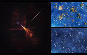 Las imágenes muestran la condensación de gas caliente en minerales sólidos alrededor de la estrella HOPS-315. A la izquierda, observación de ALMA; los recuadros ilustran moléculas de monóxido de silicio transformadas en silicatos. FOTO: Agencia Sinc/ESO/L.Calçada/ALMA