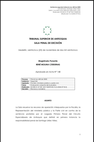 <b>Tribunal Superior de Antioquia decidió revocar la absolución a Santiago Uribe. Foto: redes sociales</b>