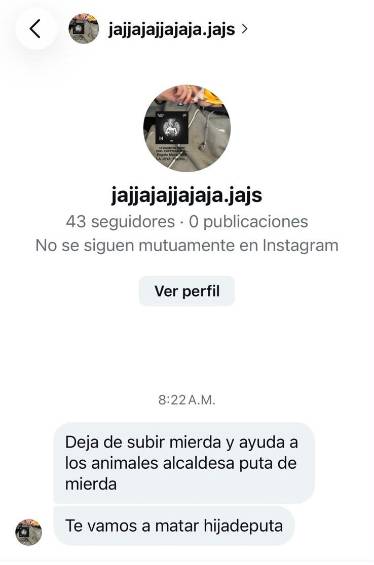 El pantallazo de la presunta amenaza de muerte a la alcaldesa de Bello, Lorena González. Imagen suministrada por la Alcaldía de Bello. 
