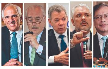 Ernesto Samper (1994), Andrés Pastrana (1998), Juan Manuel Santos (2010 y 2014), Iván Duque (2018) y Gustavo Petro (2022) ganaron las seis vueltas presidenciales de Colombia. FOTO EL COLOMBIANO