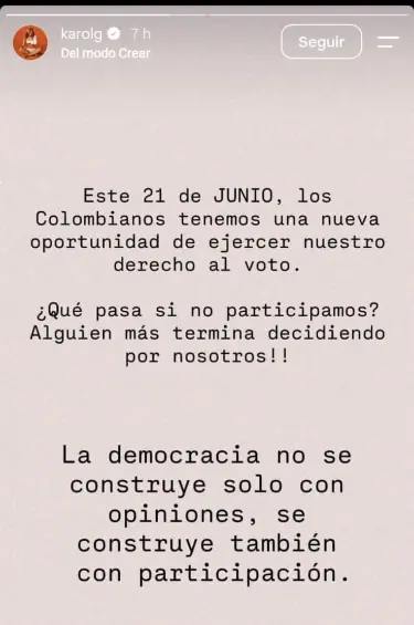 Comunicado de la cantante colombiana Karol G en Instagram. FOTO: captura de pantalla @Karolg vía Instagram. 