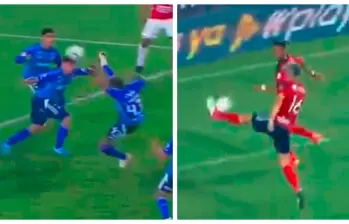 En las imágenes se observan jugadas similares: ambas vienen de un rebote del mismo jugador y pegan en la mano. Una fue penalti y la otra no. FOTO PANTALLAZOS TOMADOS DE LA TRANSMISIÓN DE WIN SPORTS