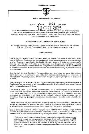 Decreto 1072 del 15 de octubre de 2025.