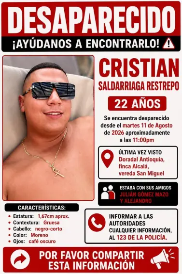 Cristian Saldarriaga Restrepo, de 22 años, acompañó a Julián Gómez Mazo al negocio de ganado en Doradal y desde el 11 de agosto sus familiares perdieron contacto con él. FOTO: Suministrada. 