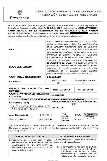 El contrato que tiene Juan Camilo Villalobos con el Dapre. FOTO: CUENTA DE X DE DANIEL BRICEÑO