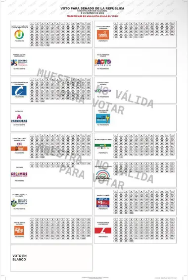 Tarjeta electoral para el Senado de la República. Foto: Registraduría. 