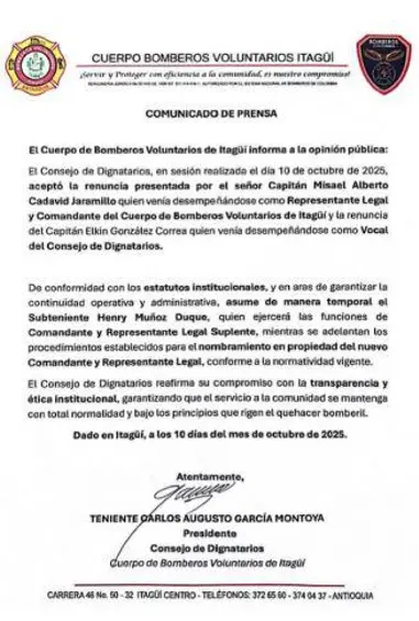 Bomberos de Itagüí aceptó renuncia de Misael Cadavid en medio del escándalo del Área Metropolitana