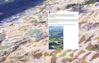 La minería ilegal habría provocado una grave transformación ambiental en las 13.000 hectáreas que el denunciante asegura haber heredado en Nóvita, Chocó. El ministro del Interior, Rodrigo Lara, sobrevoló en helicóptero toda la zona denunciada. Foto: Semana y X de Rodrigo Lara