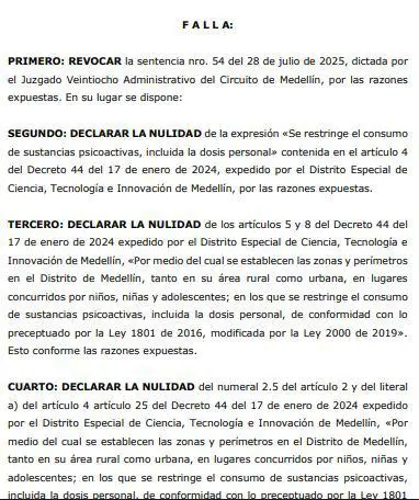 Tribunal Administrativo de Antioquia anuló restricciones sobre consumo de drogas en espacios públicos en Medellín