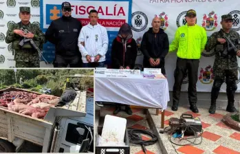 Adelante, parte de la carne en mal estado encontrada por las autoridades. Atras, los detenidos en los operativos. FOTO: imagen tomada de redes.