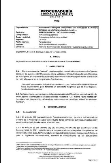 Procuraduría suspendió a embajadora en Haití por presunta campaña a favor de Iván Cepeda