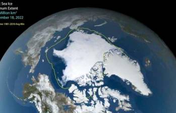 Extensión mínima del hielo ártico en 2022 con la línea correspondiente a la extensión mínima entre 1981 y 2010. FOTO Colprensa, Nasa’s Scientific Visualization Studio