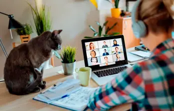 Persona disfrutando del trabajo híbrido, junto a su mascota. FOTO: Shutterstock