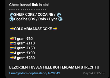Catalogo de un grupo de Países Bajos en Telegram. Precio por gramo en 60 euros. Foto: Captura de pantalla Telegram