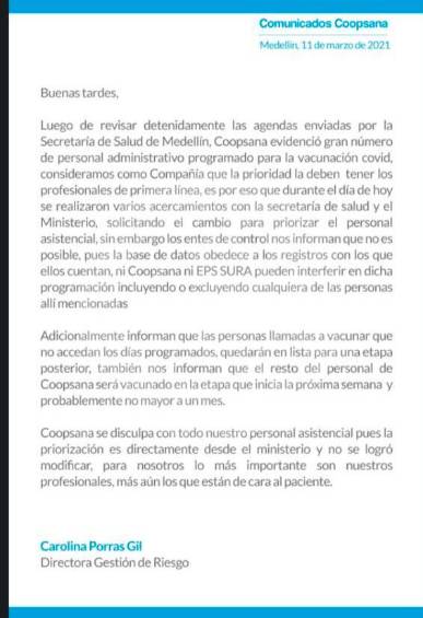 Esta fue la carta enviada desde la IPS Coopsana 