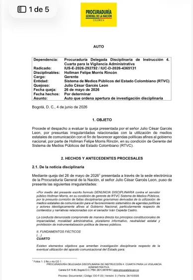 Documento de la Procuraduría que ordena de la investigación del directo de RTVC Hollman Morris. FOTO: Redes sociales. 