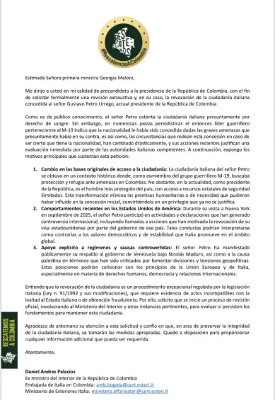 ¿Puede Italia revocarle la ciudadanía a Petro? Exministro Daniel Palacios pidió a la primera ministra Giorgia Meloni revisar el caso