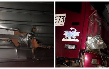 Así quedó uno de los camiones atacados ayer en las vías del Suroeste. FOTO: Cortesía.