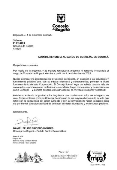 Daniel Briceño renuncia al Concejo de Bogotá y oficializa su salto a la Cámara: “Me retiro con la tranquilidad del deber cumplido”