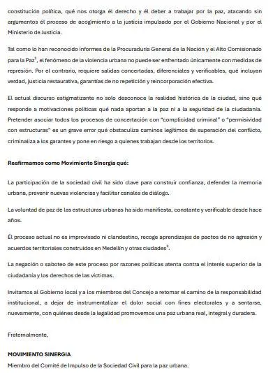 “El discurso estigmatizante qué responde a motivaciones políticas, nada aporta a la paz”: Movimiento Sinergia