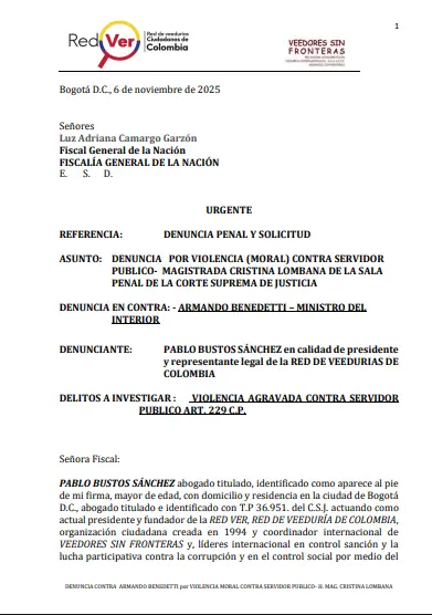 Documento presentado ante la Fiscalía. Foto: Cortesía. 