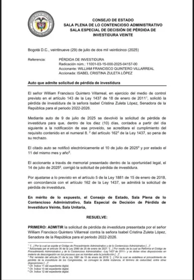 Consejo de Estado admitió solicitud de pérdida de investidura contra la senadora Zuleta por actuación en el “tarimazo”