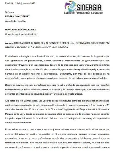“El discurso estigmatizante qué responde a motivaciones políticas, nada aporta a la paz”: Movimiento Sinergia