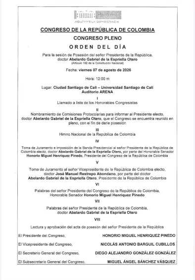 Orden del día para la posesión presidencial.