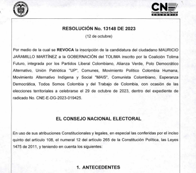 CNE tumba candidatura de Mauricio Jaramillo a la Gobernación del Tolima.