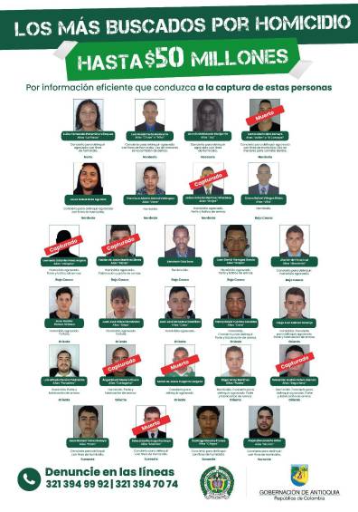 Gobernación ofrece hasta $50 millones de recompensa por cada uno de los más buscados en Antioquia, ¿quiénes son?