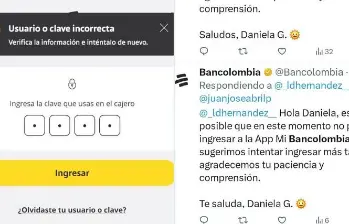 Usuarios reportan fallas en la app y el acceso a la plataforma digital de Bancolombia. FOTO: Tomada de redes sociales