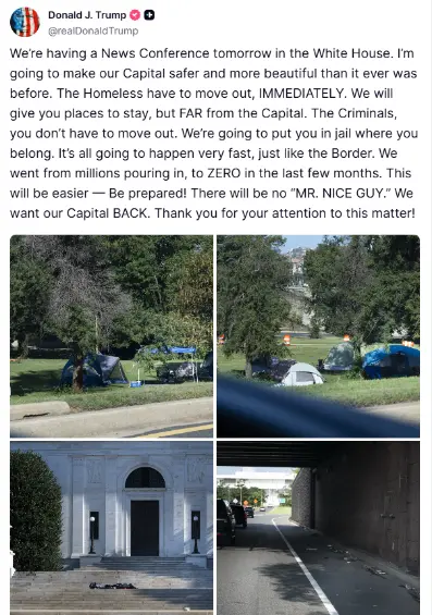 <span class=mln_uppercase_mln>Donald</span><span class=mln_uppercase_mln> Trump anunció la medida junto con imágenes que mostraban varias carpas instaladas en las calles de Washington. FOTO: REDES SOCIALES</span>