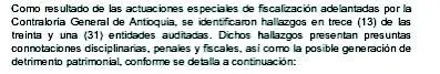 Informe de Contraloría de Antioquia que detalló el caso.