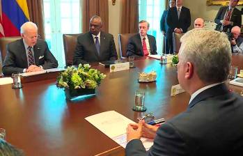 El presidente Iván Duque y su homólogo estadounidense Joe Biden en su primera reunión oficial en la Casa Blanca. FOTO: CORTESÍA. 