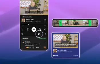 Interfaz de Spotify en dispositivo móvil; la plataforma lanzó Clips, una función que permite recortar y compartir momentos específicos de episodios de pódcast. FOTO cortesía