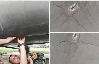 Soldados revisan la aeronave impactada desde tierra con fusil por el Clan del Golfo. FOTO: Cortesía Ejército Nacional. 