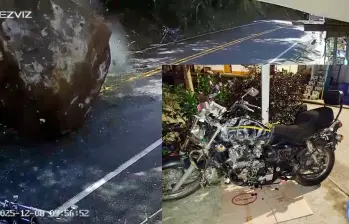 Así quedó la motocicleta que aplastó la inmensa roca en el municipio de Dabeiba, Occidente del departamento. FOTO Cortesía.