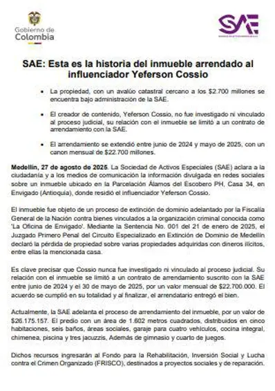 Comunicado aclaratorio de la SAE.