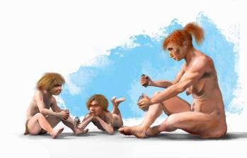 Una mujer neandertal enseñando a los niños de la comunidad a tallar. Imagen J. A. Peñas, SINC