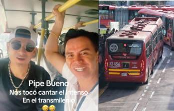 Jhonny Rivera y Pipe Bueno cantando en un bus de TransMilenio de Bogotá. FOTO: Captura de pantalla y Colprensa