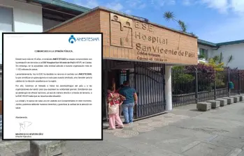 Adelante, comunicado del sindicato Anestesiar. Atrás fachada de la E.S.E Hospital San Vicente de Paul de Caldas. Foto: Cristian Vásquez Arroyave e imagen tomada de redes.