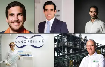 Imagen arriba: José Gedeón, cofundador de Cobre; Luis Alberto Rodríguez, fundador de Dapper; y Santiago Suárez, cofundador de Addi. Imagen abajo: Isabel Pulido, fundadora de NanoFreeze y Mauricio Velásquez, presidente de Sucroal. Foto: Forbes Colombia.