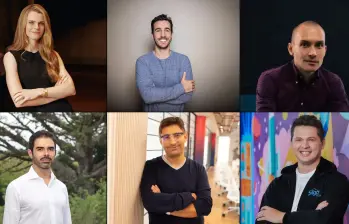 Brynne Rojas, CEO de Habi; Simón Borrero, CEO de Rappi; Juan Hincapié, CEO de Erco Energía; Santiago Suárez, CEO de Addi; José Vélez, CEO de Bold; y David Ortíz, CEO de Siigo. FOTO: Forbes