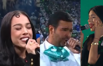 Danna Paola, Pablo Montero y Ángela Aguilar interpretando el himno de México. FOTO: CAPTURA DE PANTALLA