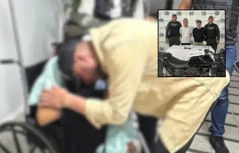 Al fondo, el momento exacto donde la mujer es rescatada y llevada al centro asistencial para recibir atención médica. En el recuadro, los dos hombres que la habrían secuestrado. FOTO: Cortesía Alcaldía de Medellín