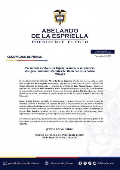 Aelardo de la Espriella anunció seis nuevas designaciones ministeriales a su gobierno. FOTO: Tomado de X: @ABDELAESPRIELLA